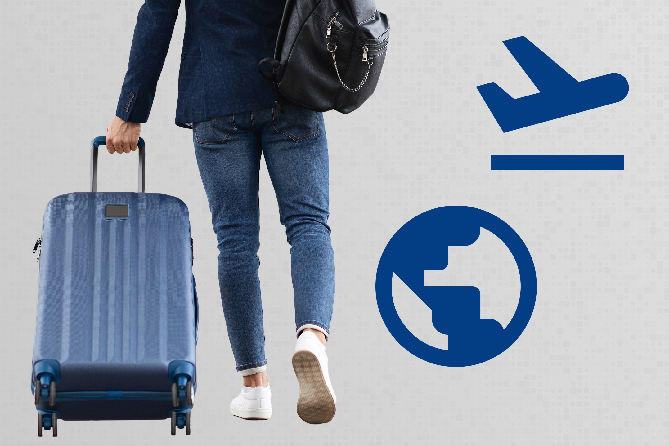 Eine Person in Jeans und blauem Sakko läuft mit einem blauen Rollkoffer und einem schwarzen Rucksack. Daneben befinden sich blaue Symbole eines Flugzeugs und einer Weltkugel.