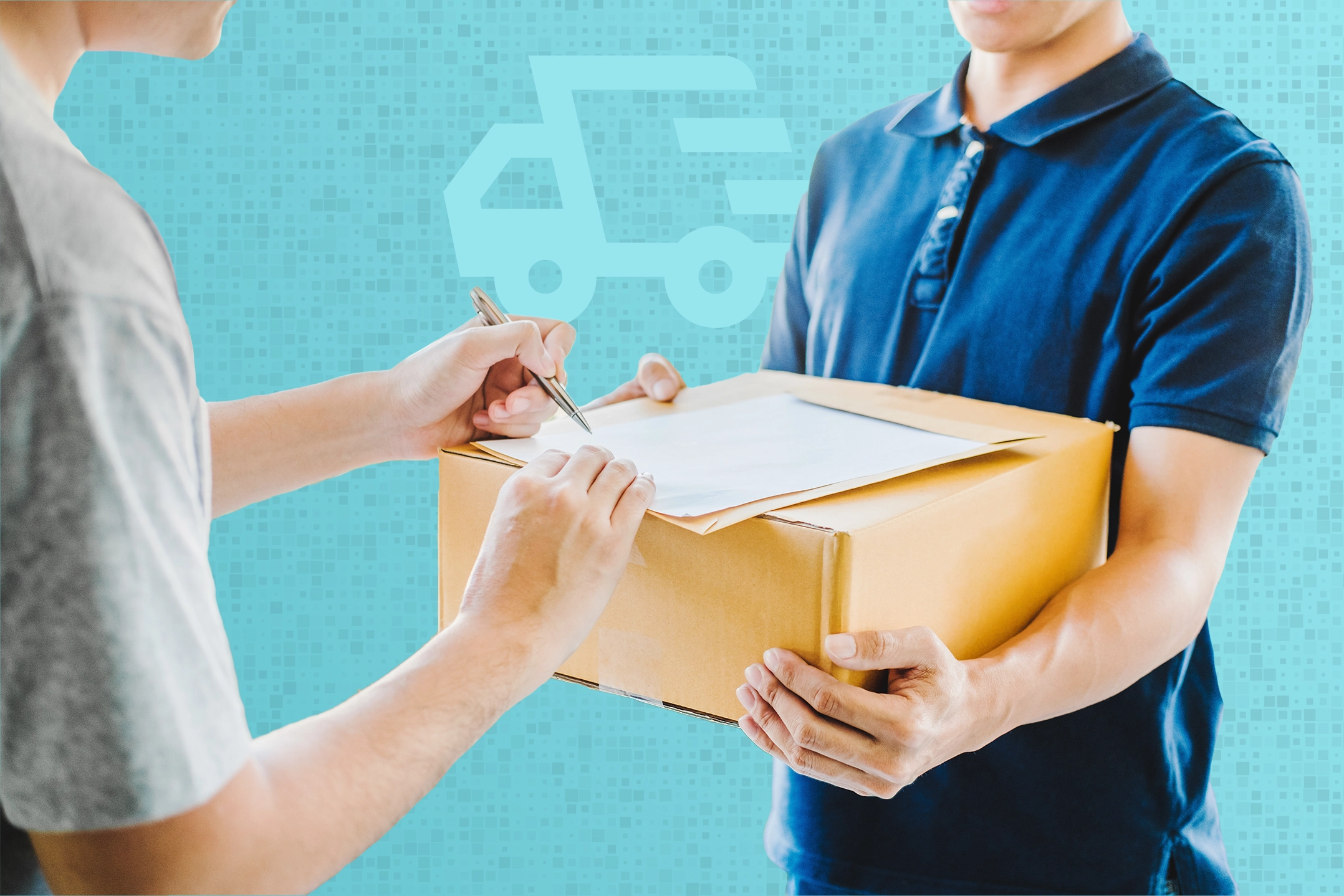 Eine Person in blauem Shirt übergibt ein Paket an eine andere Person, die gerade ein Dokument unterschreibt. Im Hintergrund ist ein hellblaues Symbol eines Lieferwagens abgebildet.