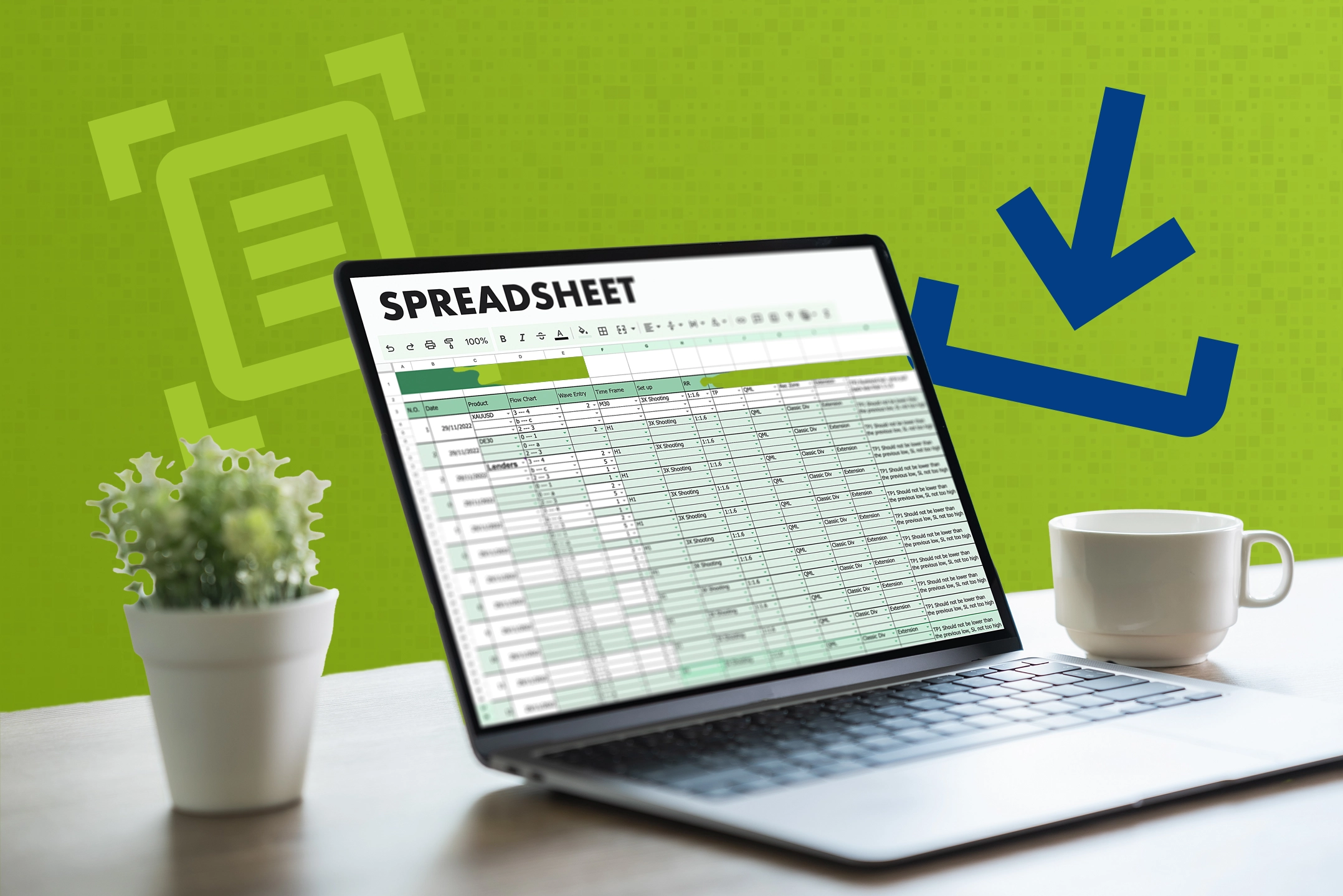 „Ein Laptop zeigt eine geöffnete Tabelle (Spreadsheet) auf dem Bildschirm, daneben stehen eine weiße Kaffeetasse und eine kleine Pflanze auf dem Tisch. Der Hintergrund ist grün mit einem blauen Download-Symbol und einem hellgrünen Symbol für ein Dokument.
